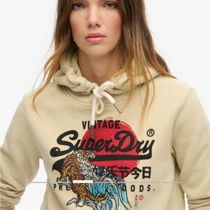Superdry Women's Cream Tokyo Vintage Logo Hoodie, size 8